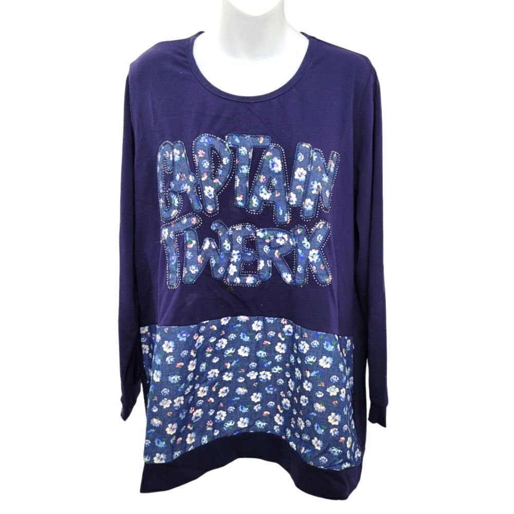 2/$20 Y2K Navy Blue Funny Graphic Top Long Sleeve Blouse Size: Large